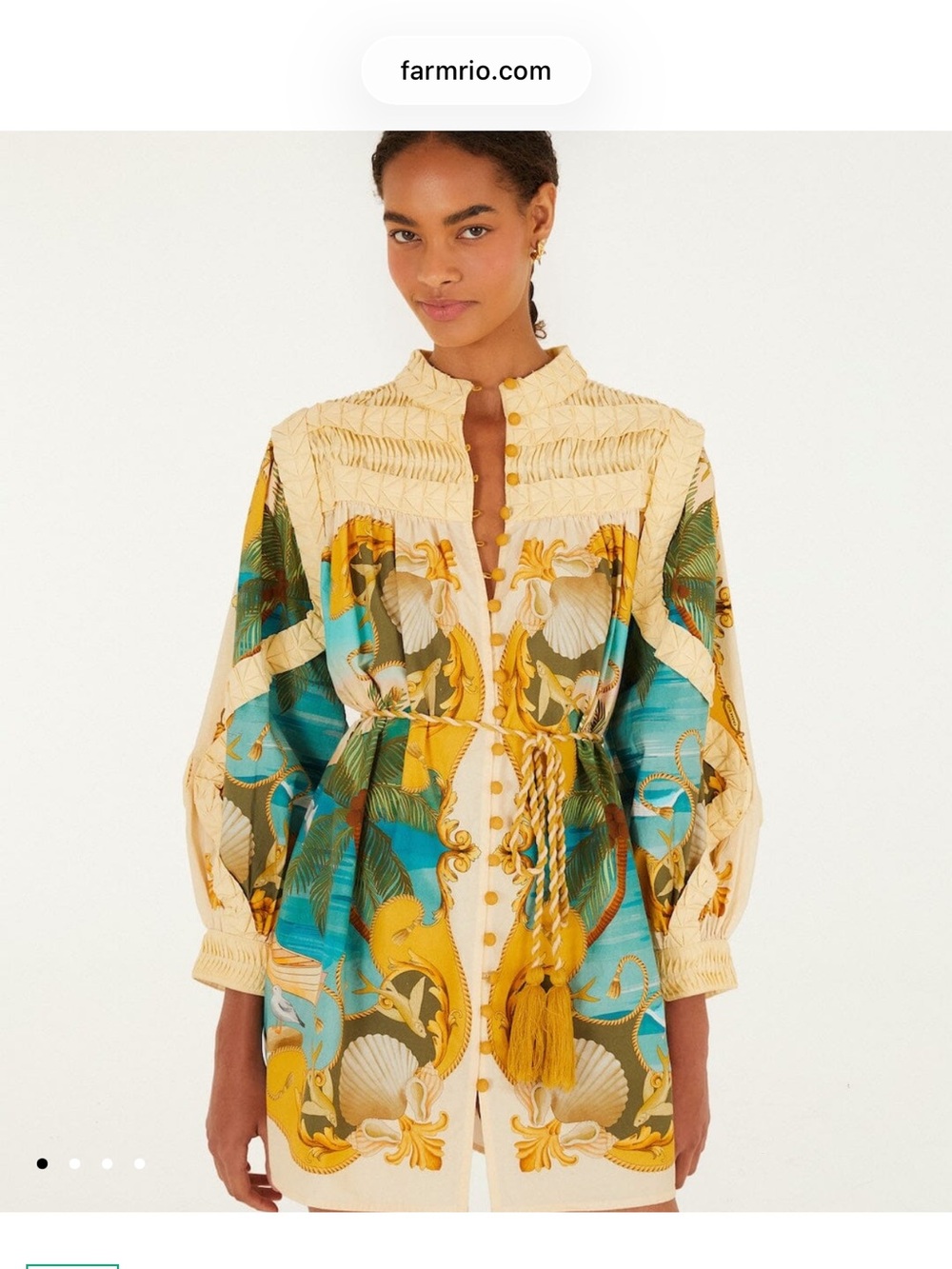 NWT FARM Rio Cream, Blue & Green Botanical Print Long-Sleeve Tunic Dress